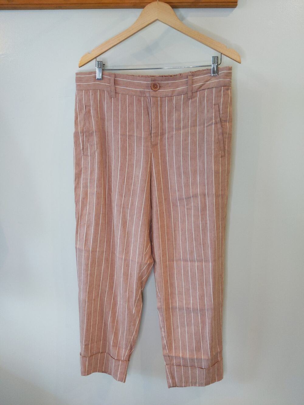 Soft Surroundings Linen Blend Blush Pink Pinstripe Cropped Trouser Large